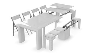White Extending Transforming Table with Expanding Bench and Folding Chairs