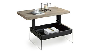 The Cadence Mini Lift Storage Table With Glass Base And Wood Top Opened